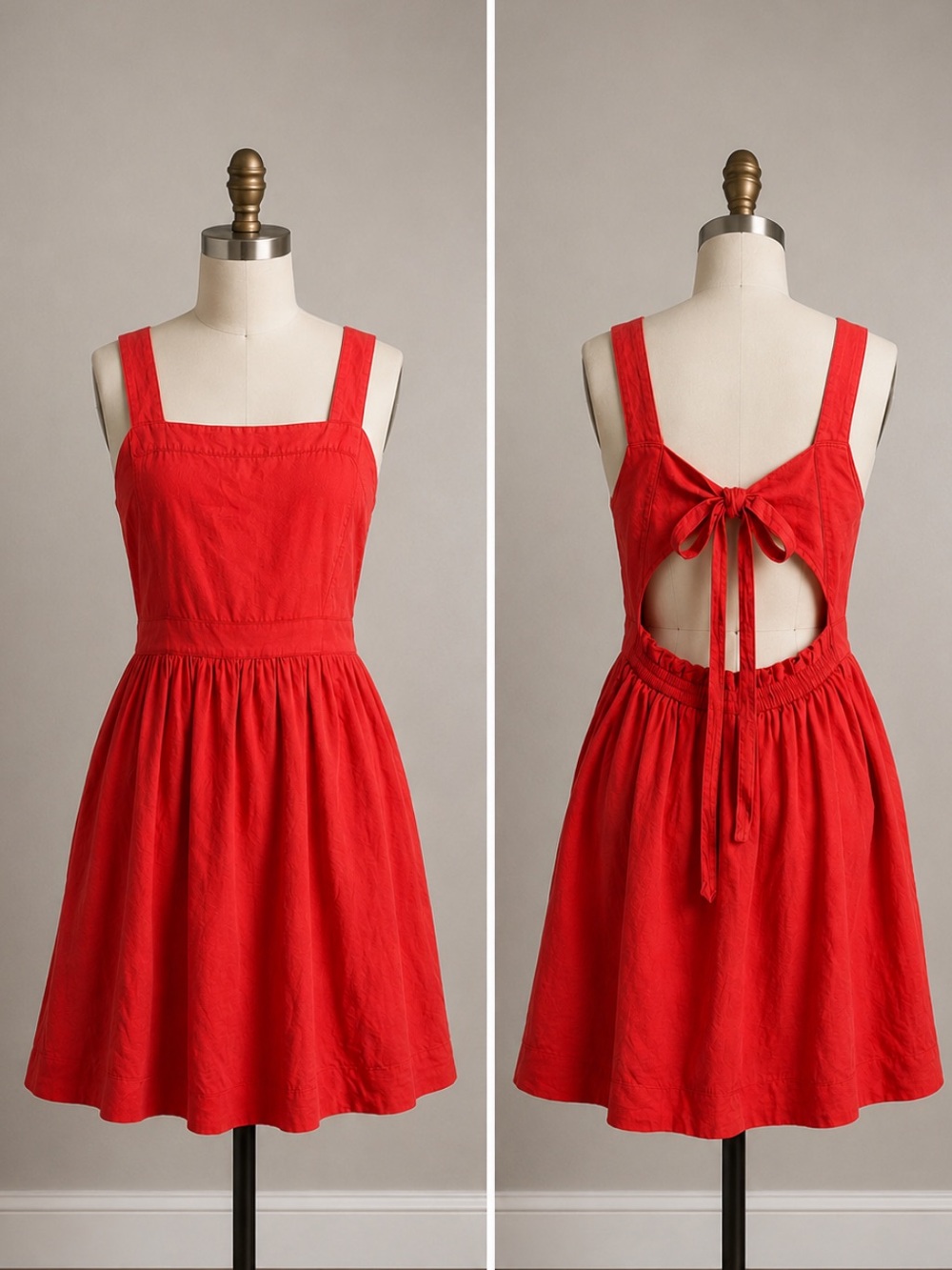 J.Crew Red Linen Blend Open Tie Back Square Neckline Pockets Mini Dress